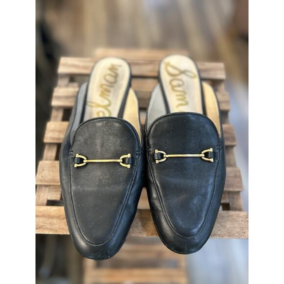 SAM EDELMAN LOUNETTE Size 6.5M Black Leather Mules Toe Gold Horsebit Flats Shoes - Picture 2 of 9